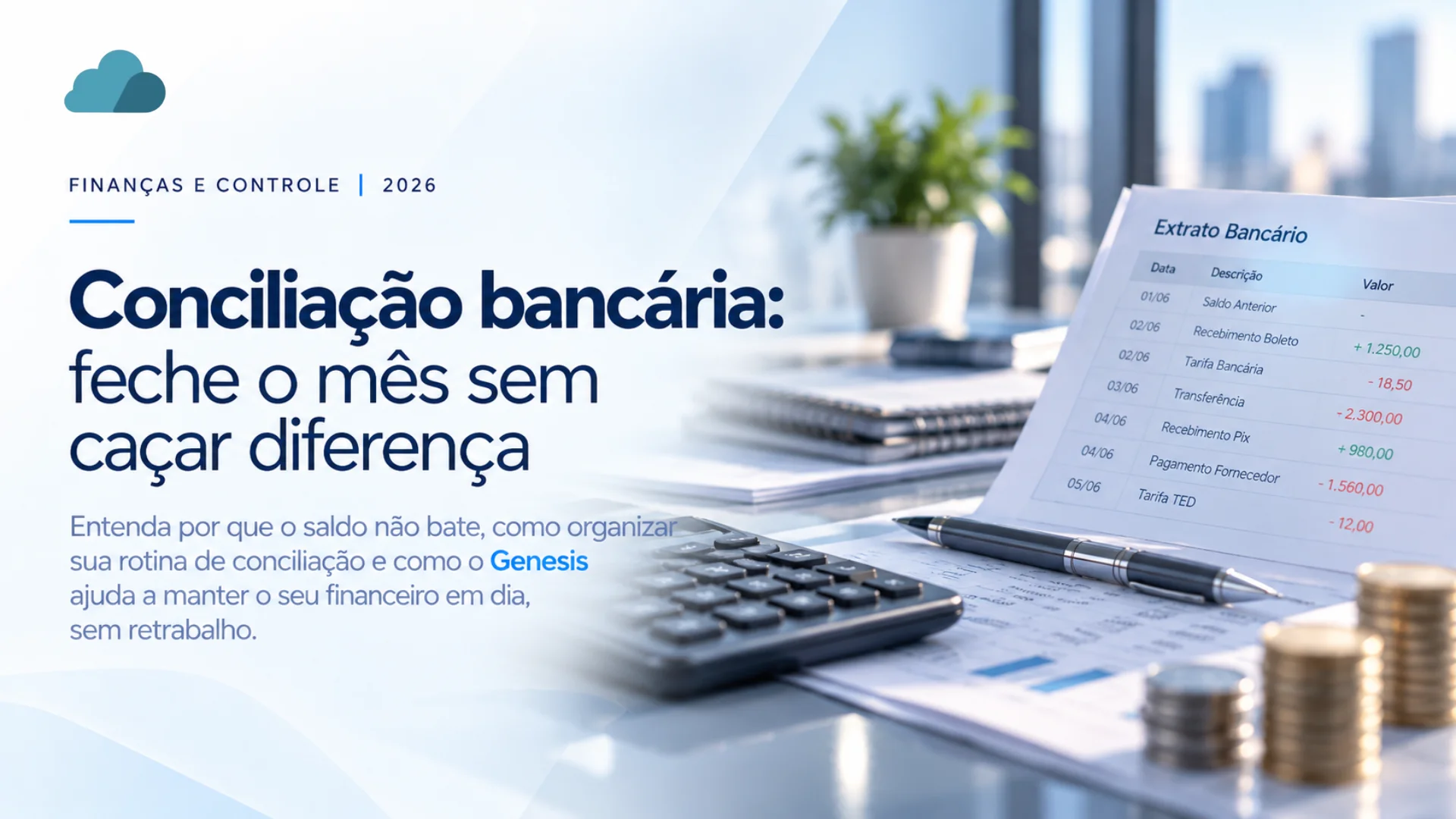 Conciliação bancária: feche o mês sem caçar diferença — extrato bancário, calculadora e moedas sobre a mesa