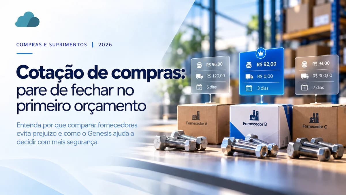 Cotação de compras: pare de fechar no primeiro orçamento — propostas de três fornecedores com preço, frete e prazo sobre caixas em um depósito