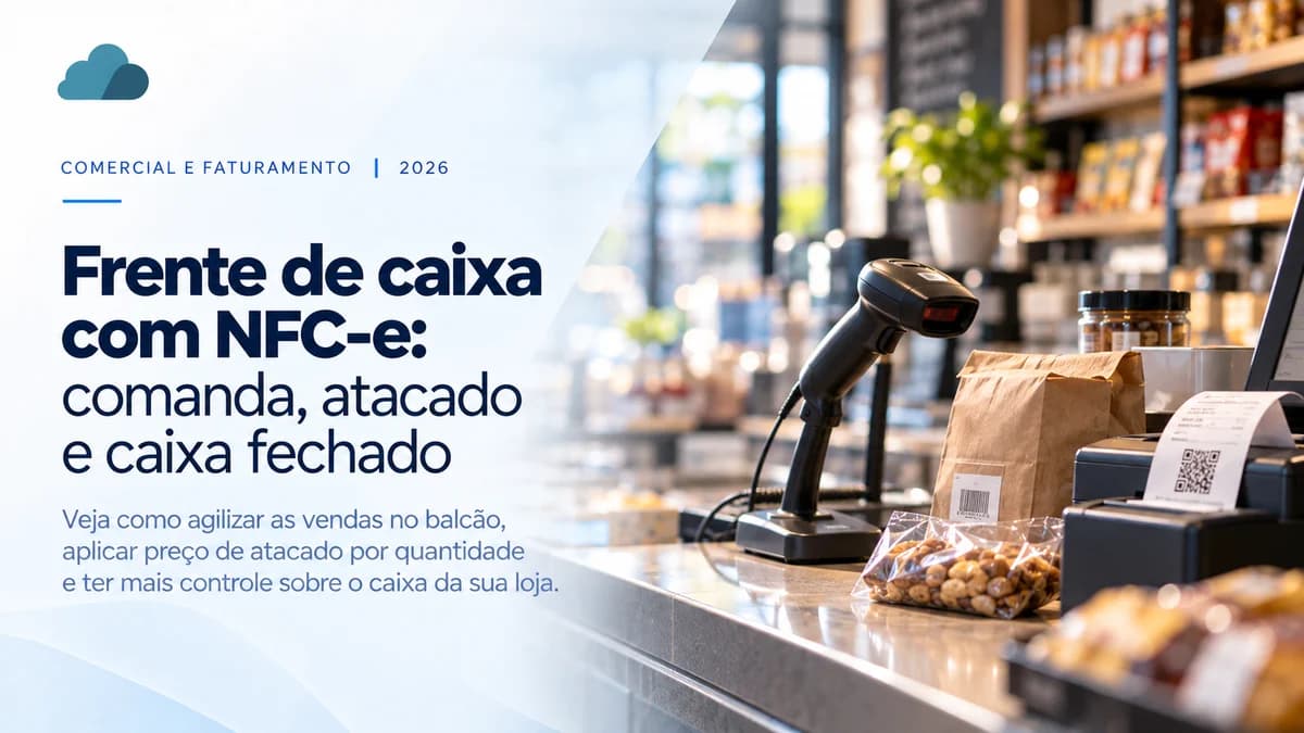 Frente de caixa com NFC-e: comanda, atacado e caixa fechado — balcão de loja com leitor de código de barras e cupom com QR Code